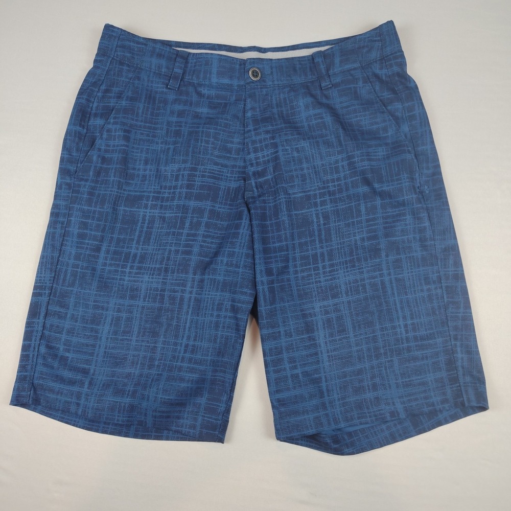 Under Armour Shorts Mens 34 Blue Plaid Drive Performance Golf Flat Front Active